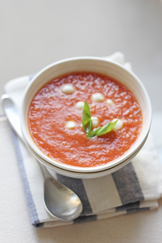 Chocolate Shavings Roasted Tomato Soup with Mozzarella and Basil