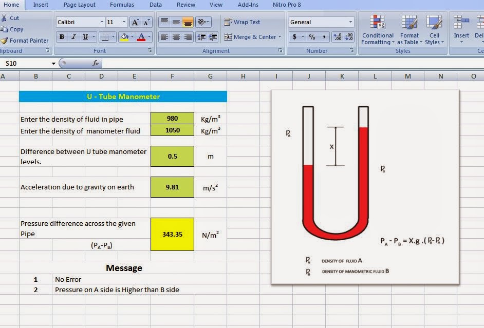 Excel file for pressure calculation in manometer.