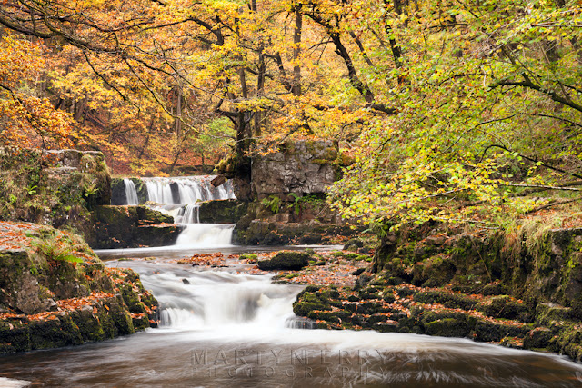 Beautiful autumn colour over Horeshoe Falls in the Brecon Beacons in Wales by Martyn Ferry Photography