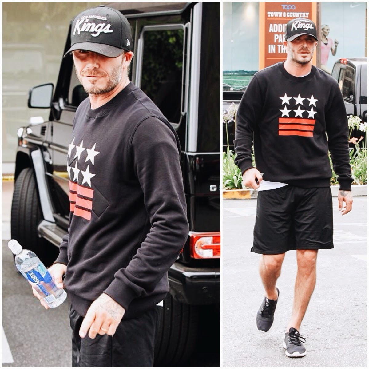 David Beckham in Givenchy stars stripes sweatshirt - Soul Cycle in Brentwood California on 15th July 2014