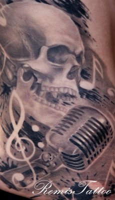 Microphone and skull tattoo