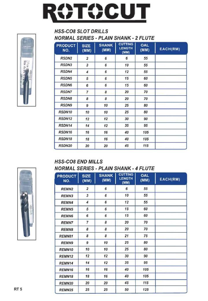 BENTECH SUPPLIES ROTOCUT HSS CO8 Slot Drills2 Flute & End Mills4