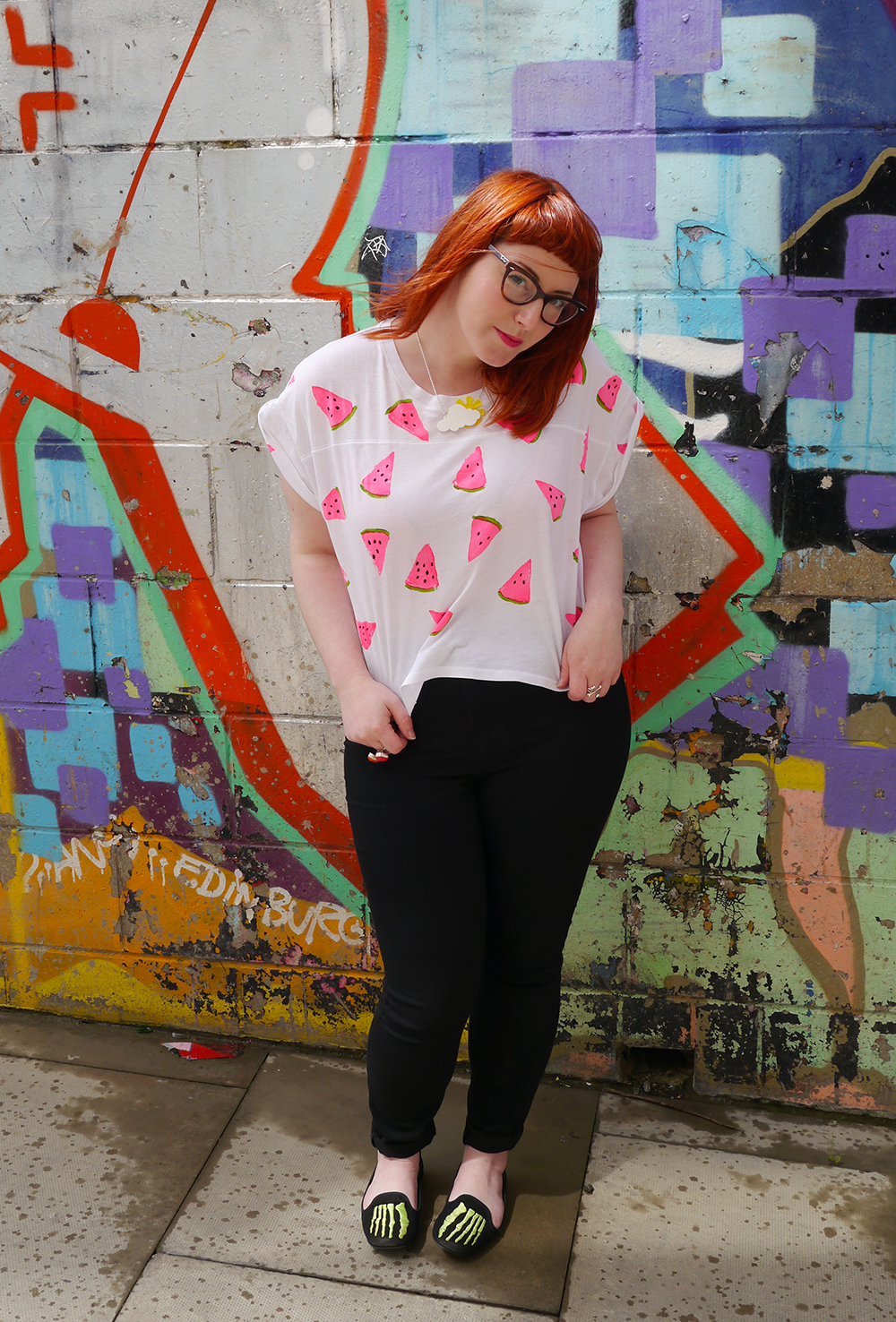 DIY Watermelon Tshirt Etsy Craft Party, Edinburgh, crafting, diy project, DIY fashion, watermelon print, Warehouse Leopard print coat, New Look jeans, Youth Rise Up skeleton shoes, Sugar and Vice, Sugar & Vice weather necklace, eye bag, googly eye, Scottish Fashion blogger, fashion blogger, blogging duo