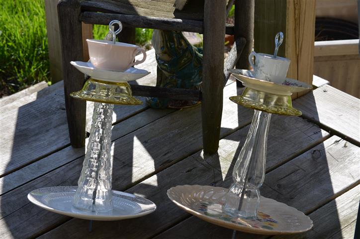 Damita S Pretty Wrap Glass Bird Feeders With Vintage Dishes