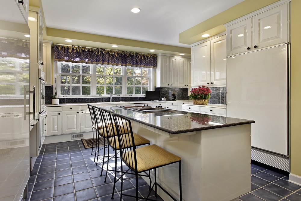 White Kitchen with Grey Tile Flooring Kitchen Stratosphere