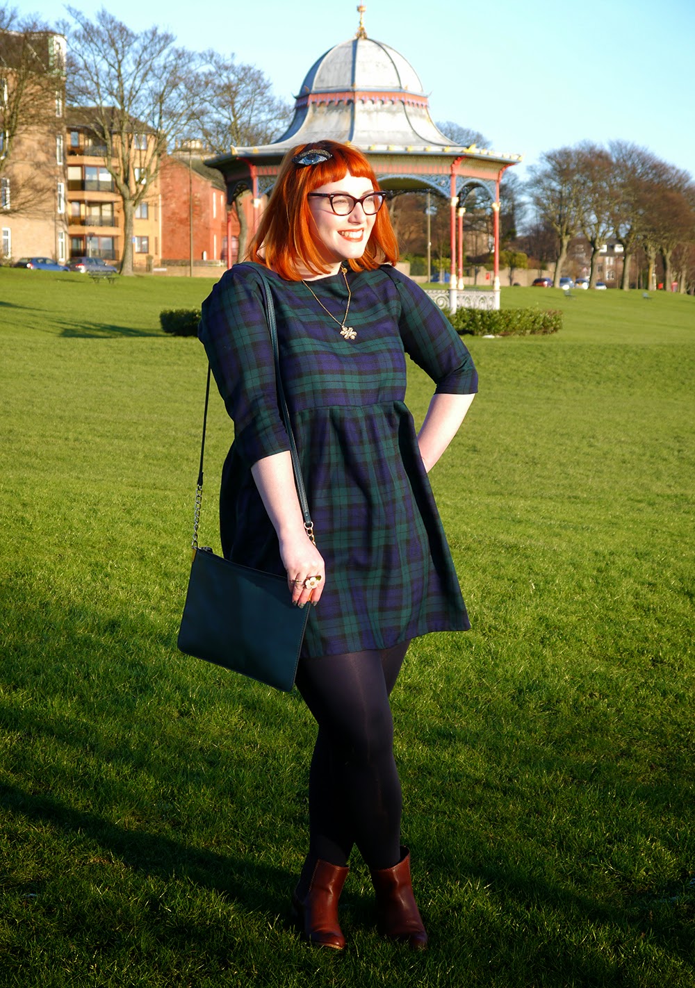 What to wear on a crisp, cold day. Scottish blogger, winter outfit, Luna on the Moon eye, Bonnie Bling snowflake necklace, Handknitted circle scarf, Vintage Style Me tartan dress, Zara brown ankle boots, Accessorize clutch bag, Red head, ginger, winter sun