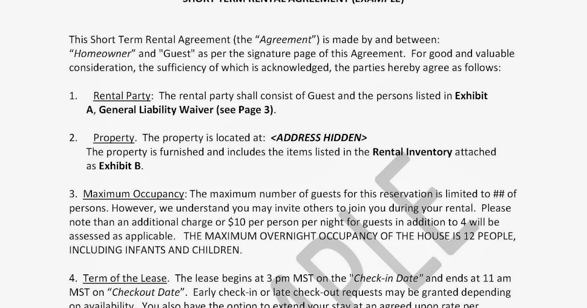 Creekside At Barton Example Short Term Rental Agreement