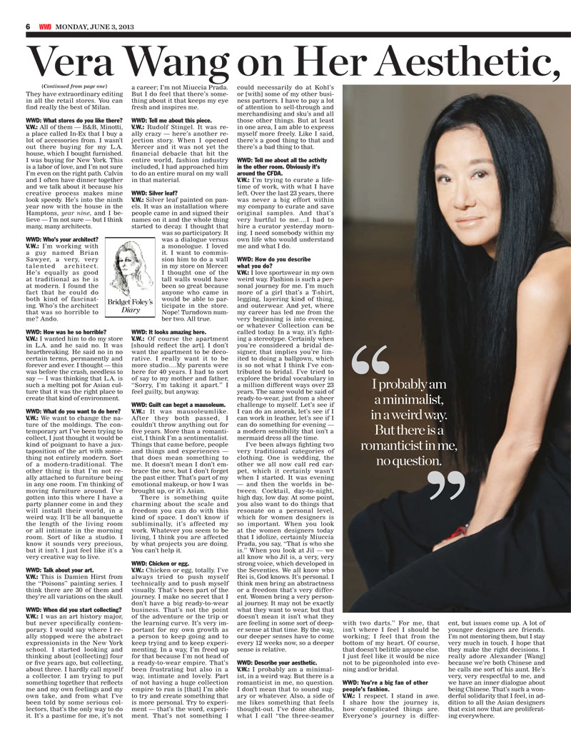 Passion the place of fashion: Vera Wang on Her Aesthetic WWD |interview|