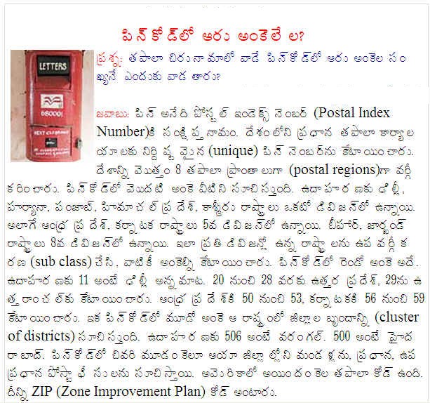 TELUGU WEB WORLD Postal Index Number PIN Code Why Six letters in