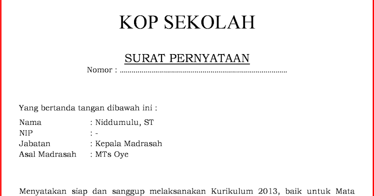 Contoh Surat Pernyataan Kesanggupan Melaksanakan Kurikulum 2013 Contoh Surat