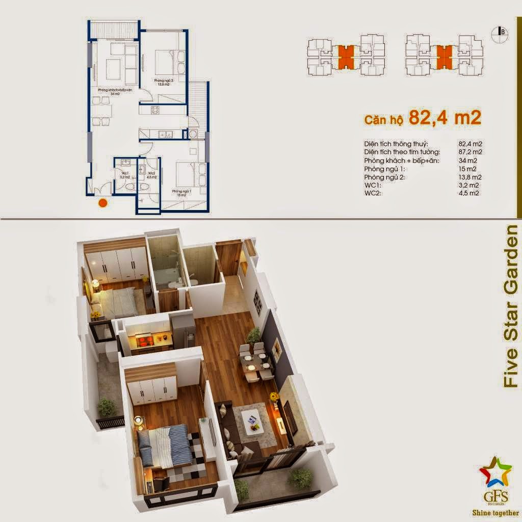 Thiết kế căn hộ 82,4 m2 Chung cư Five Star Kim Giang