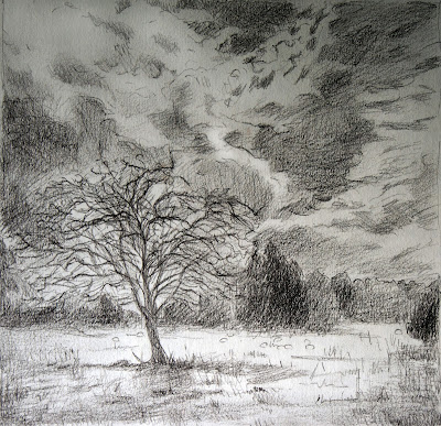 Tree, Field, Sheep. Clouds - Sketch, Scotland Katherine Kean graphite on paper, drawing, contemporary landscape 