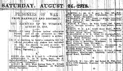 A snip of part of the article on Barnsley Prisoners of war from the Barnsley Chronicle.  The heading and the top of the M index