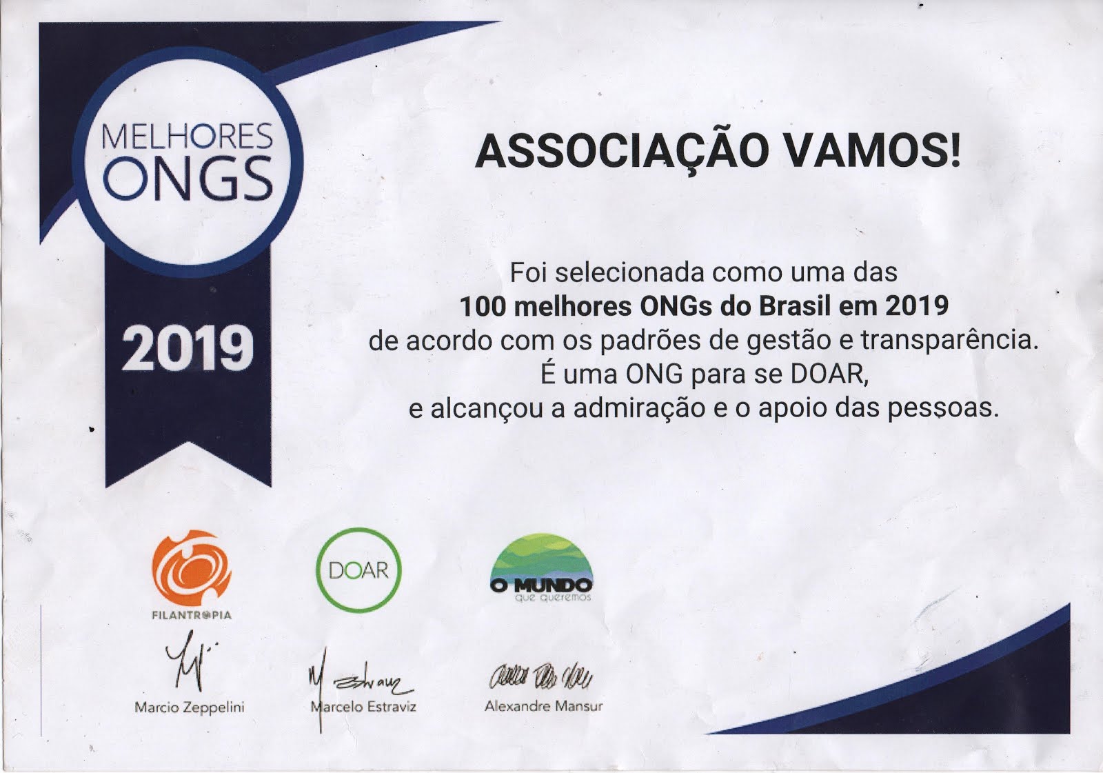 Associação Vamos! está entre as 100 Melhores ONGs - 2019