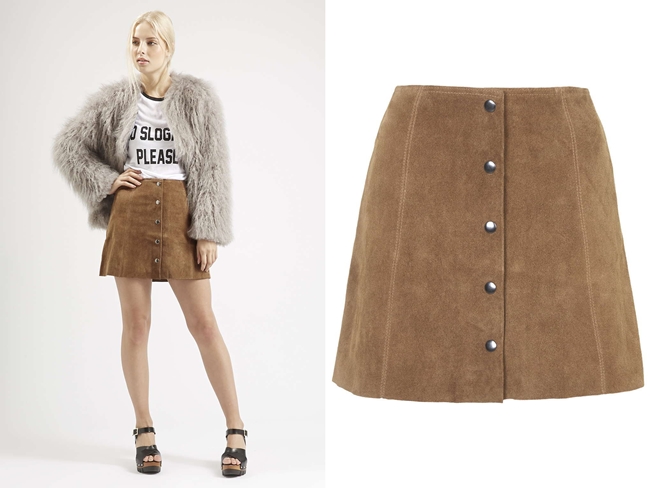 Topshop, Petite Suede Button Front A-Line Skirt, $140.00 USD c.f H&M 2015 SS Button Front A-Line Skirt