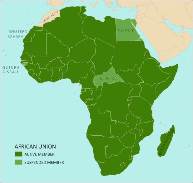 Map of the African Union, including active and suspended members, updated for the January 2014 reinstatement of Madagascar (colorblind accessible).