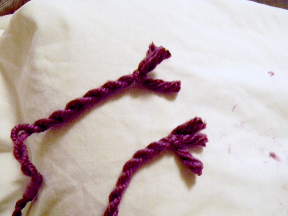 Cut two short pieces of yarn. Tie one around each end of the twisted
