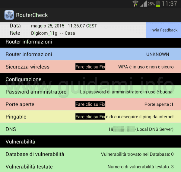 RouterCheck app Android risultati analisi