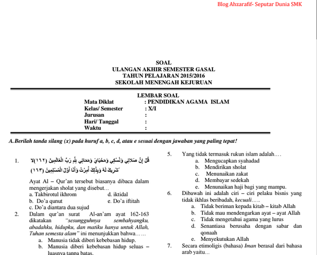 Soal UAS Gasal Pendidikan Agama Islam (PAI) SMK Blog