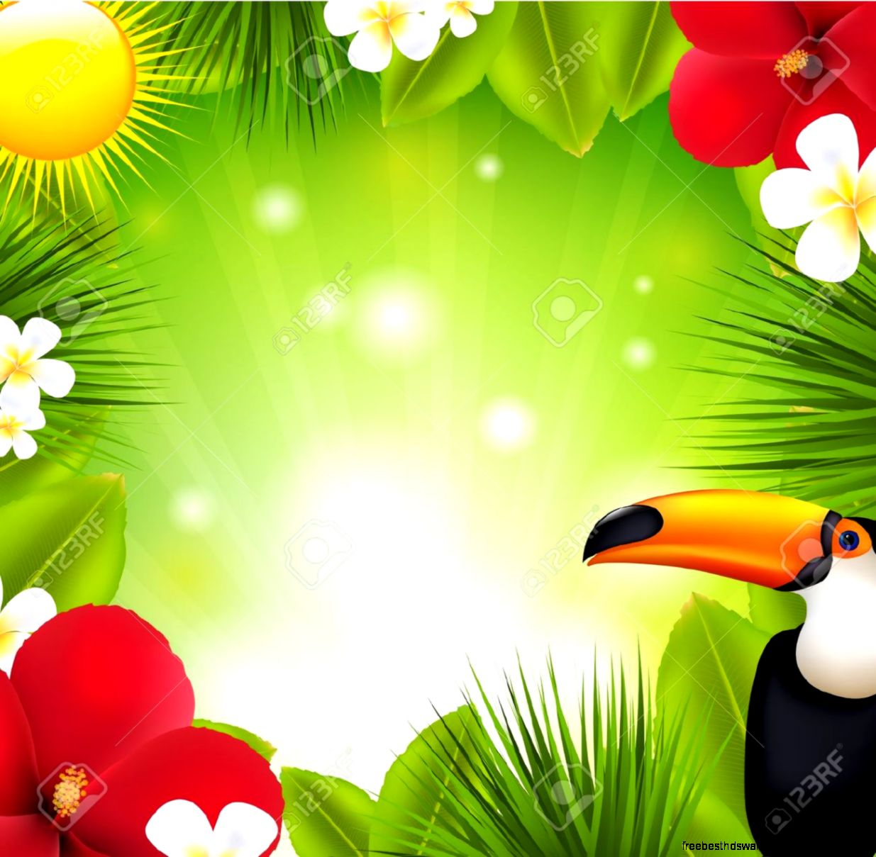 Green Background With Tropical Elements And Flowers Royalty Free Green Background With Tropical Elements And Flowers Royalty Free