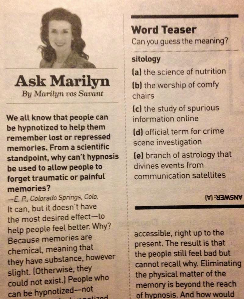 Marilyn Vos Savant question in Parade a couple of weeks ago