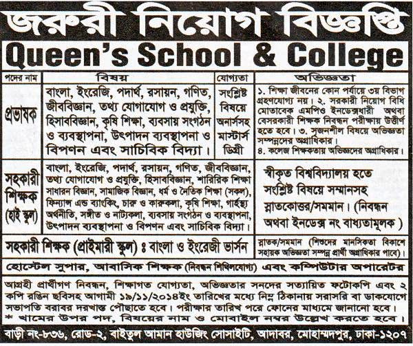 All Newspaper Jobs Queens School & College, Post Lecturer, Assistant