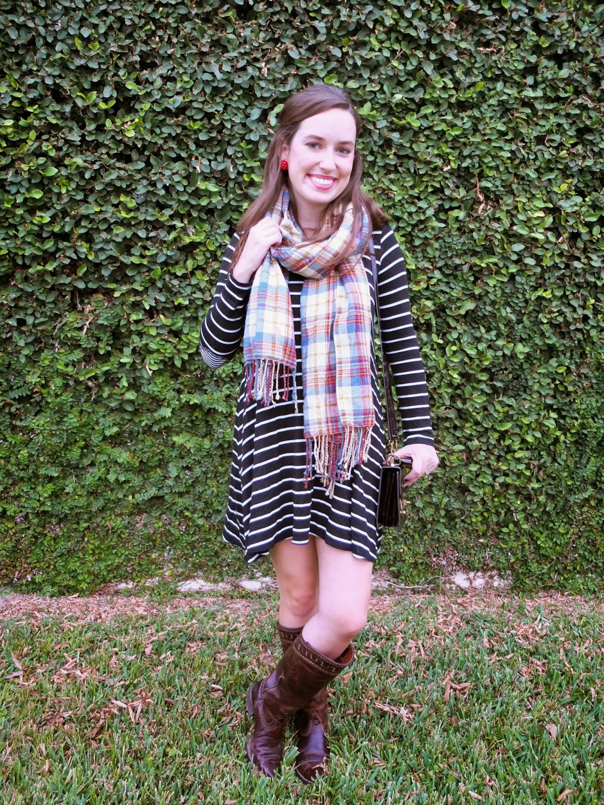 Ariat Sahara Boots, Anthropologie Striped Dress, Striped Dress and Plaid Scarf, Anthropologie black and white striped dress blog, Lisi Lerch Button Earrings, Ariat Sahara, Sahara Boots