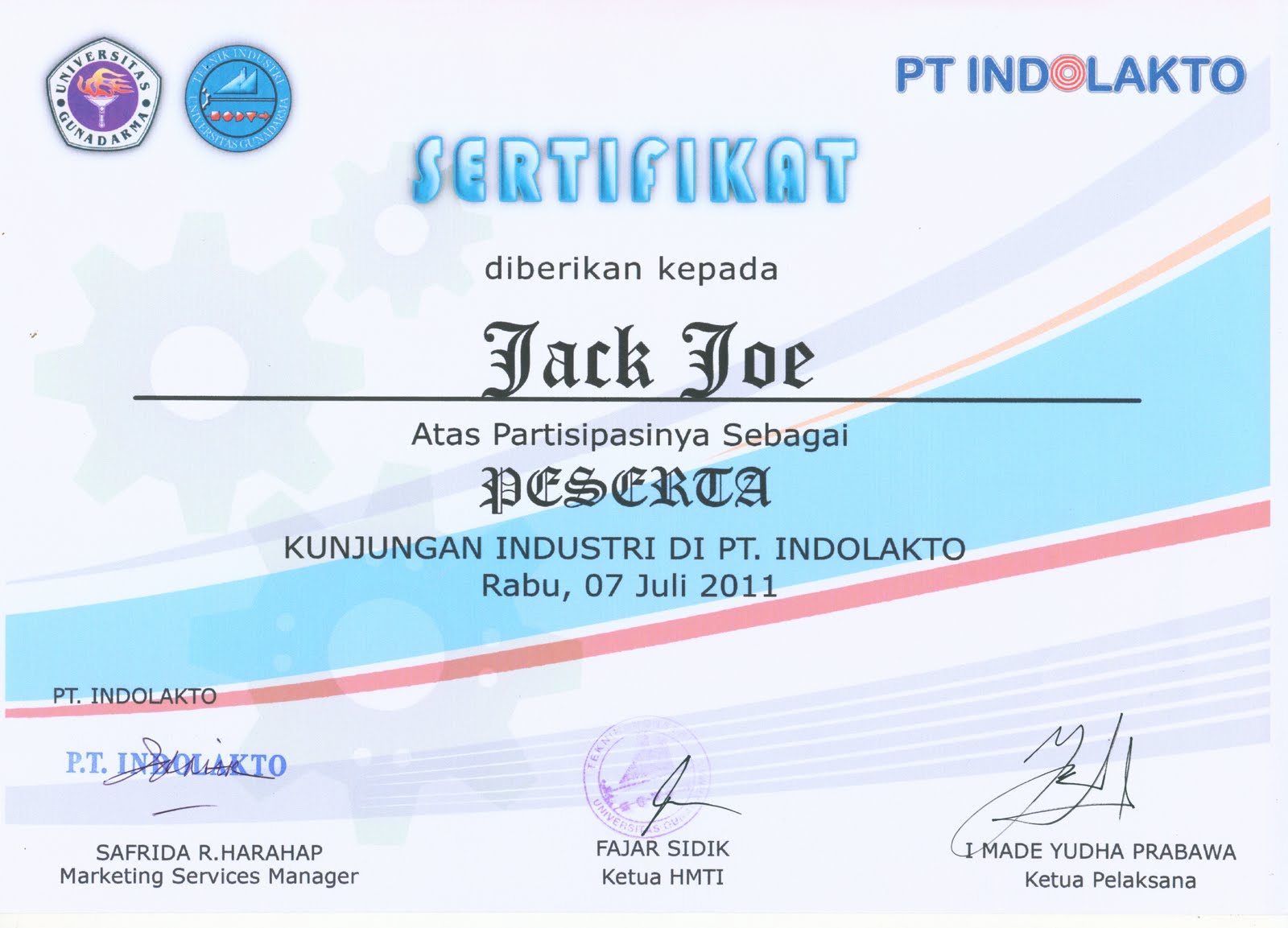 Sertifikat Ekskursi Kunjungan Pabrik