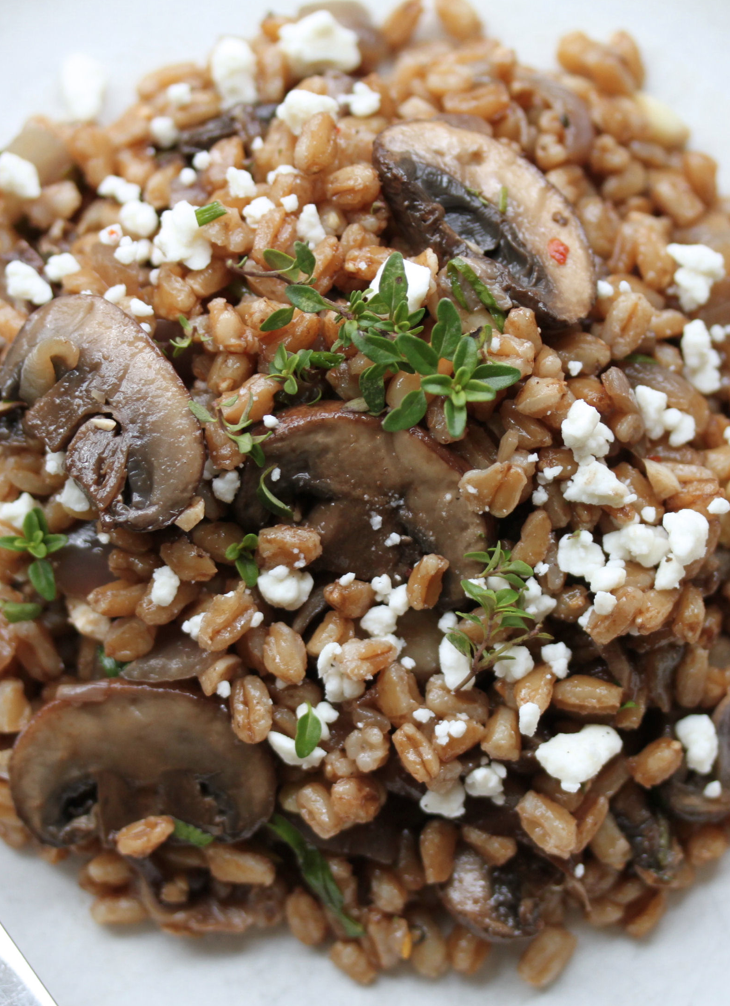Scrumpdillyicious Farro Salad with Mushrooms, Chèvre and Thyme
