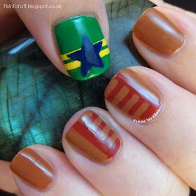 Browncoat nail art in honor of Unification Day and the Battle of Serenity Valley, from Firefly and Serenity. Here I've recreated the Independents' field uniform and flag insignia on my thumb.