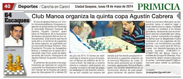 CLUB MANOA ORGANIZA LA 5ta COPA "MAESTRO NACIONAL AGUSTÍN CABRERA IN MEMORIAM" / COLUMNA "64 ESCAQUES" CLUB MANOA ORGANIZA LA 5ta COPA "MAESTRO NACIONAL AGUSTÍN CABRERA IN MEMORIAM" / COLUMNA "64 ESCAQUES"