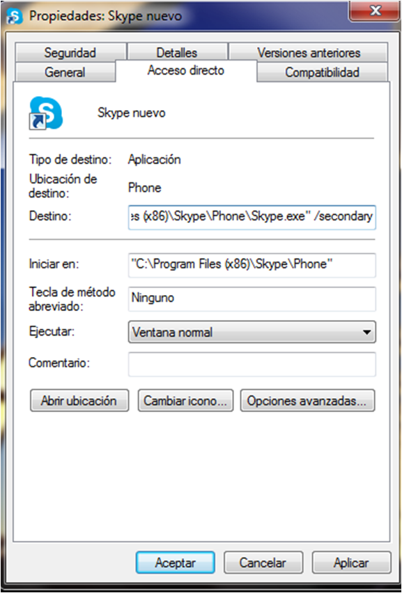 ventana a modificar de propiedades de skype donde escribiremos /secondary