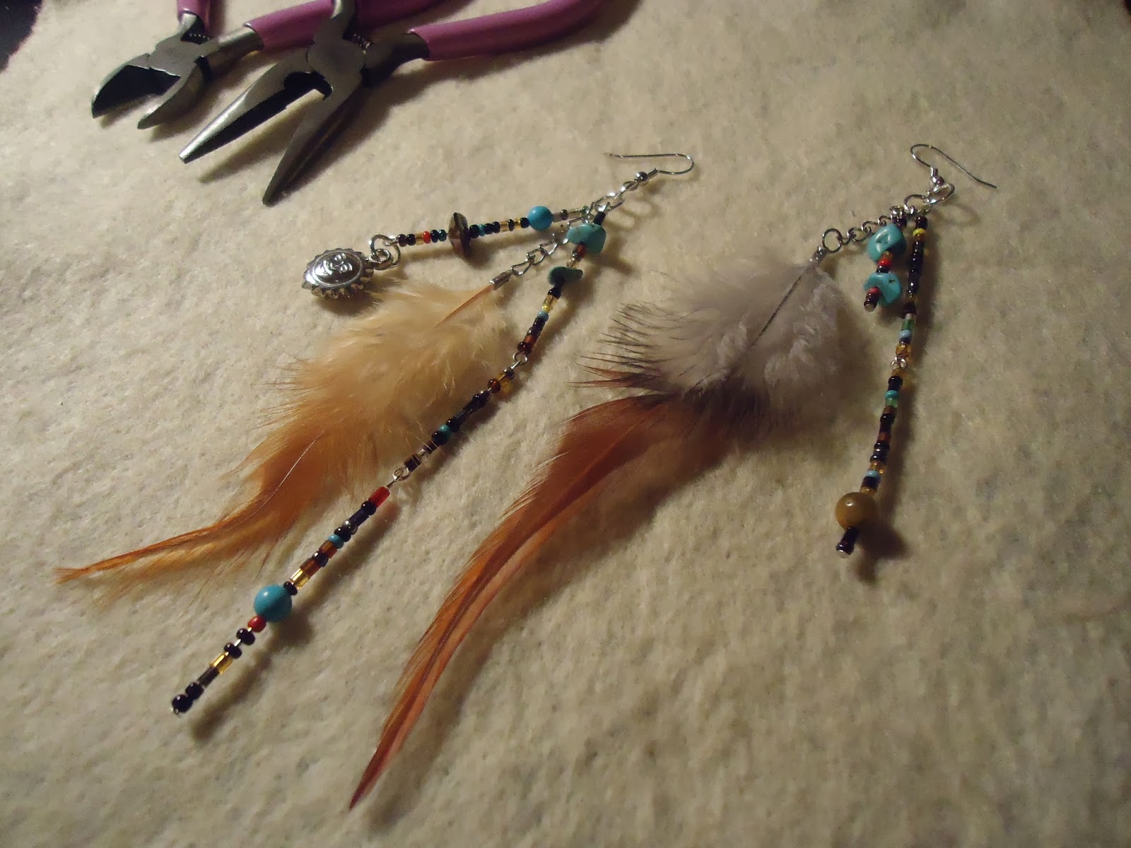 Beads with Many Colors Indian Feather Earrings