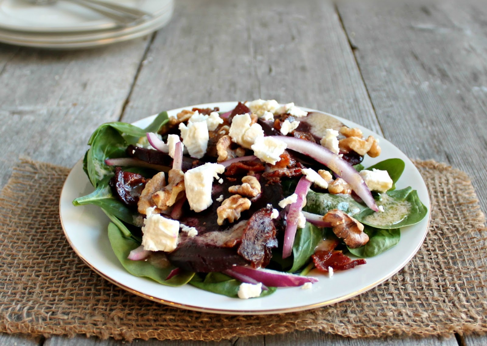 Hungry Couple Spinach Salad with Beets, Bacon, Walnuts and Goat Cheese