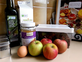 Ingredients to make apple, honey and sultana muffins.