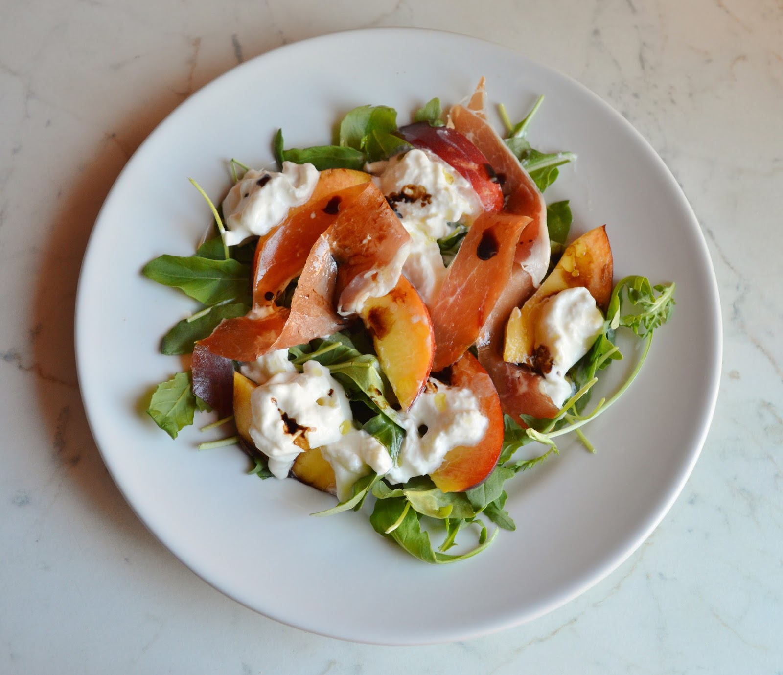 Pancakes and Biscotti Nectarine, Burrata, Prosciutto, and Arugula Salad