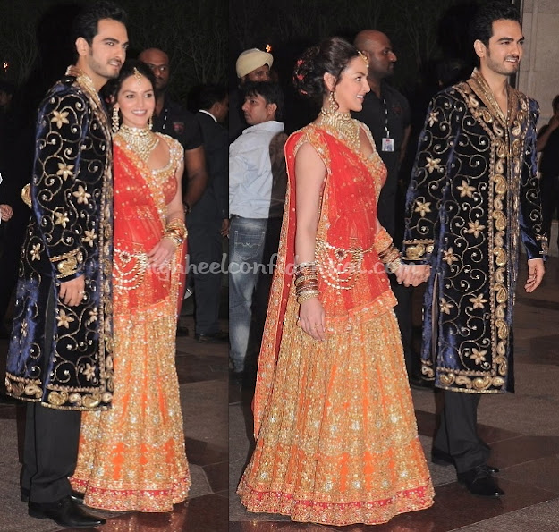 Esha is seen wearing a red, orange and gold outfit  - (3) - Bollywood Fashion @ Esha deols Sangeet