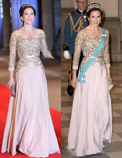 Royal recycler: Mary is known for wearing her gowns repeatedly, such as this blush design worn first in April 2013 (right) and again in April 2015 (left)