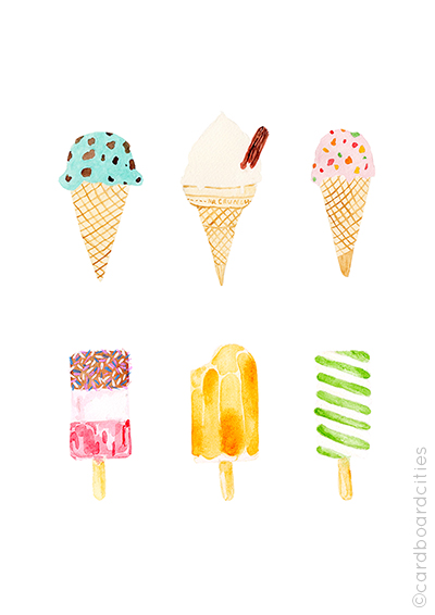 watercolour painting by laura redburn with mixed ice lollies and ice creams in cones
