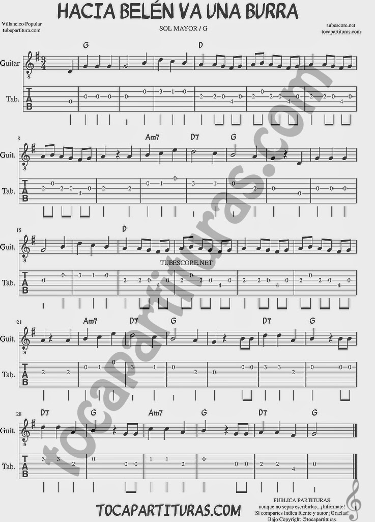 Tubescore Hacia Belén Va una Burra tab sheet music for guitar in G Major Traditional Christmas Carol with Chords