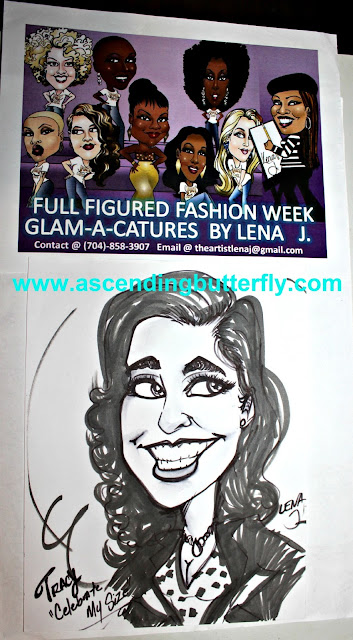 Artist Lena Jackson creating full figured fashion week "Glam-a-catures" of Tracy Iglesias Editor in Chief of Ascending Butterfly at #FFFWEEK Celebrate My Size Expo & Community Town Hall