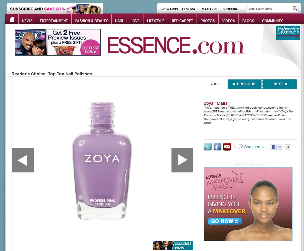 out Zoya Malia which was named one of Top Ten Nail Polishes by Essence!