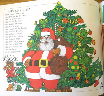 Page illustration with Christmas tree made of many other objects and an ape in a Santa suit