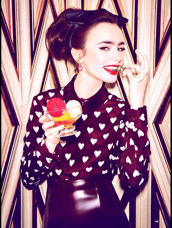 Lily Collins holding ice-cream and wearing a heart print shirt