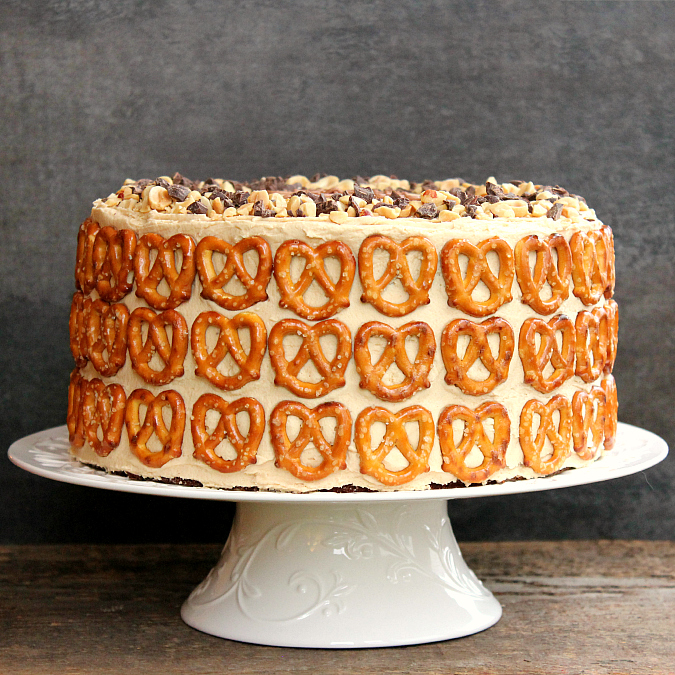 love, laurie chocolate peanut butter pretzel cake