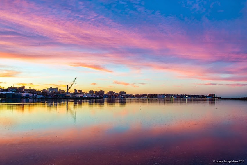 Portland, Maine April 2015 sunset and the skyline from South Portland. Photo by Corey Templeton.