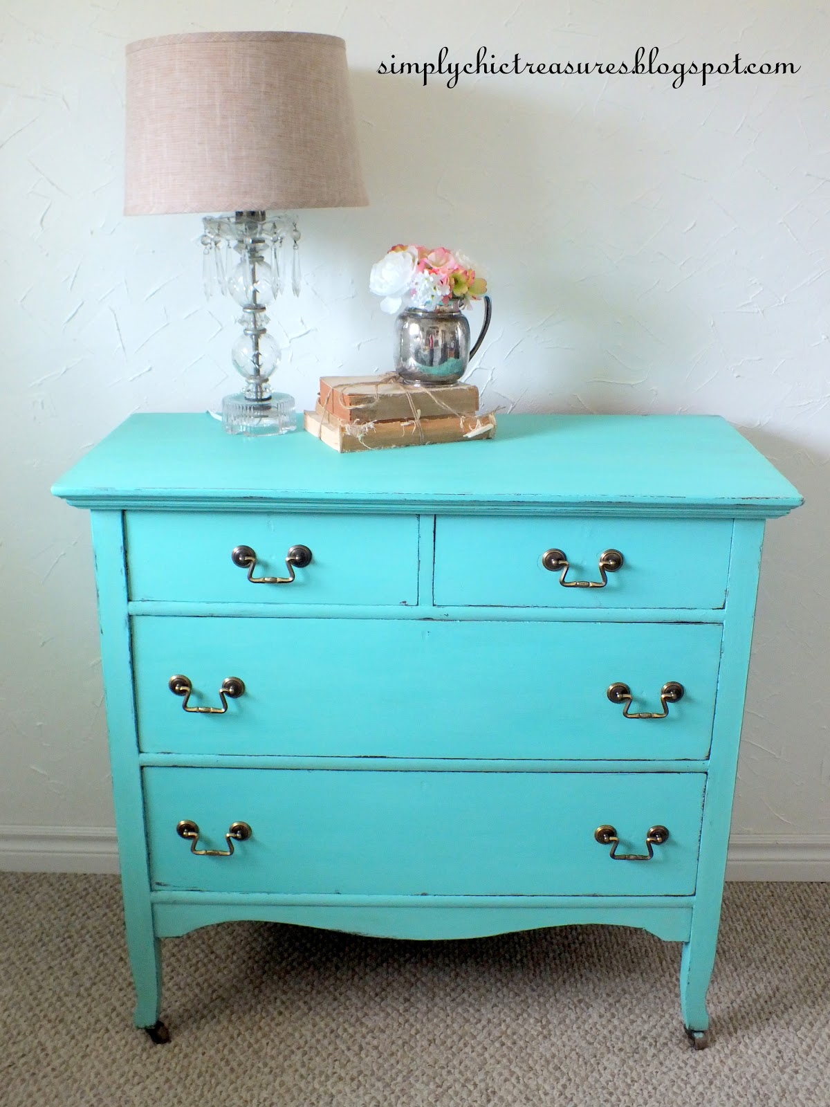 simply chic treasures A Fresh Turquoise Dresser Makeover