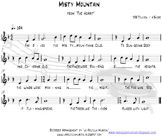 Music Sheet: Song of the Misty Moutain for recorder. Canción de Misty Mountain de la película El Hobbit "un viaje inesperado" Partitura para flauta dulce