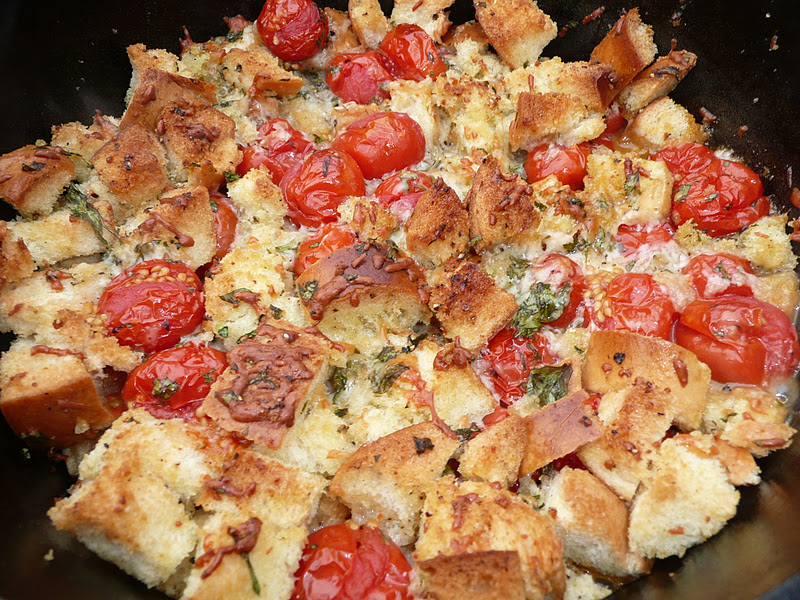 Everyday Dutch Oven Garlicky Cherry Tomato and Bread Gratin
