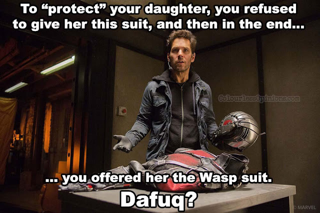 The whole "to protect you" subplot is really cliched... and it doesn't quite make sense in the movie. Ant-Man Wasp movie meme paul rudd
